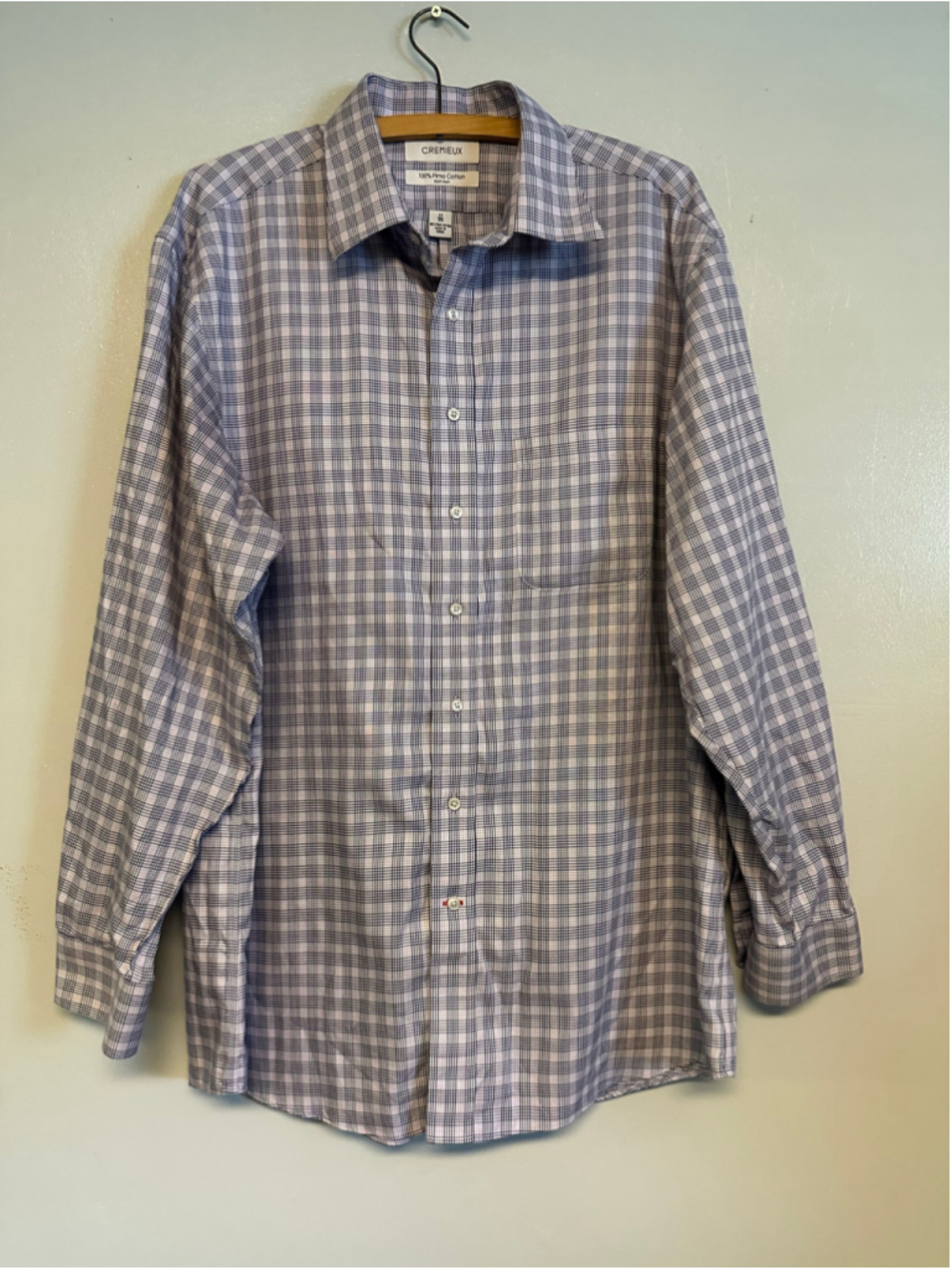 Cremieux Casual Button Down Shirt, Size 17 White and Blue Plaid 100% Pima Cotton